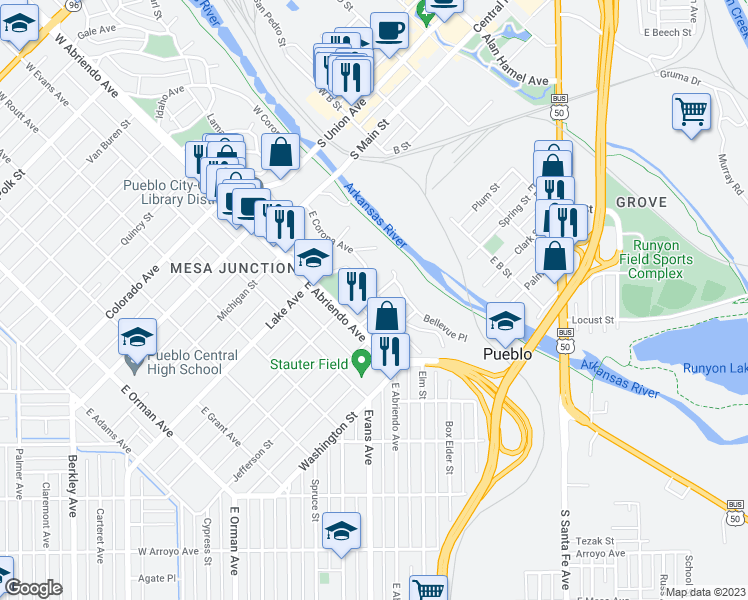 map of restaurants, bars, coffee shops, grocery stores, and more near 520 East Corona Avenue in Pueblo
