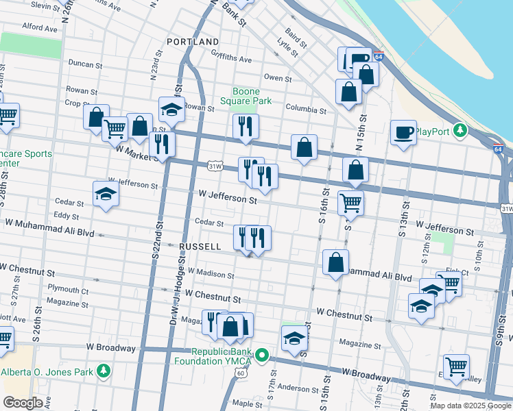 map of restaurants, bars, coffee shops, grocery stores, and more near 312 South 18th Street in Louisville
