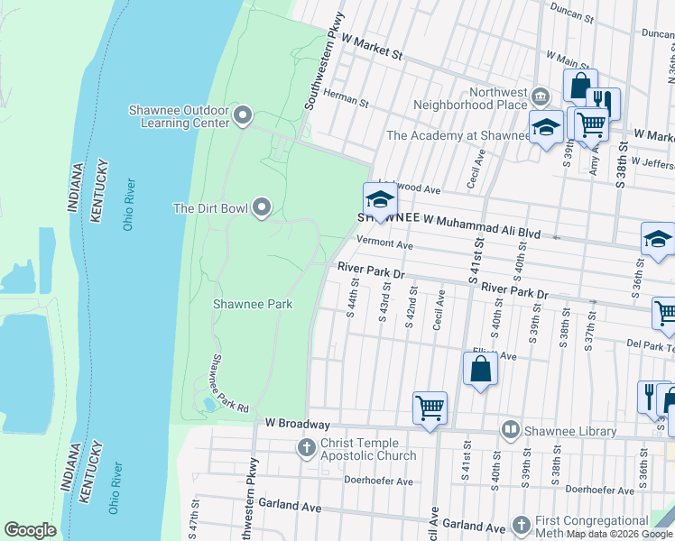 map of restaurants, bars, coffee shops, grocery stores, and more near 4410 River Park Drive in Louisville