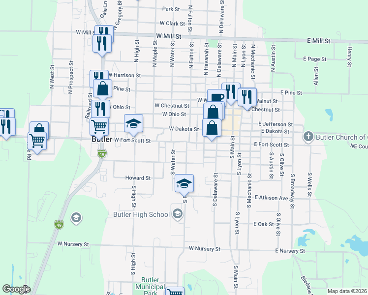 map of restaurants, bars, coffee shops, grocery stores, and more near 101 South Water Street in Butler