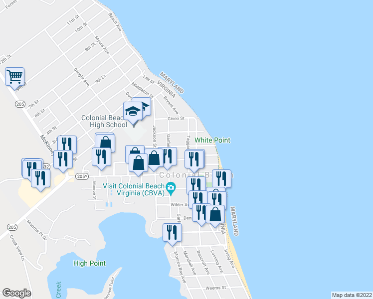 map of restaurants, bars, coffee shops, grocery stores, and more near 616 Taggart Street in Colonial Beach