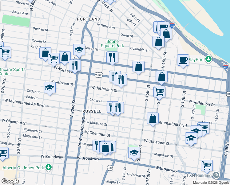 map of restaurants, bars, coffee shops, grocery stores, and more near in Louisville