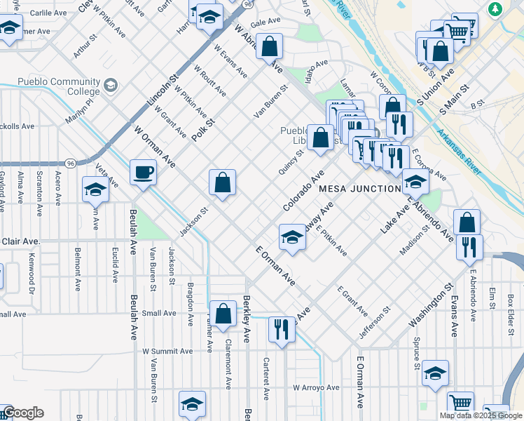 map of restaurants, bars, coffee shops, grocery stores, and more near 101 West Grant Avenue in Pueblo