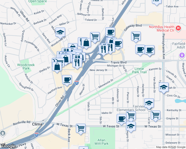 map of restaurants, bars, coffee shops, grocery stores, and more near 1112 Roosevelt Street in Fairfield