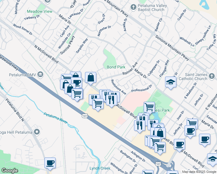 map of restaurants, bars, coffee shops, grocery stores, and more near 205 Rushmore Avenue in Petaluma