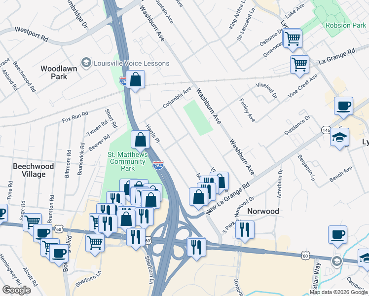 map of restaurants, bars, coffee shops, grocery stores, and more near 524 Marquette Drive in Louisville