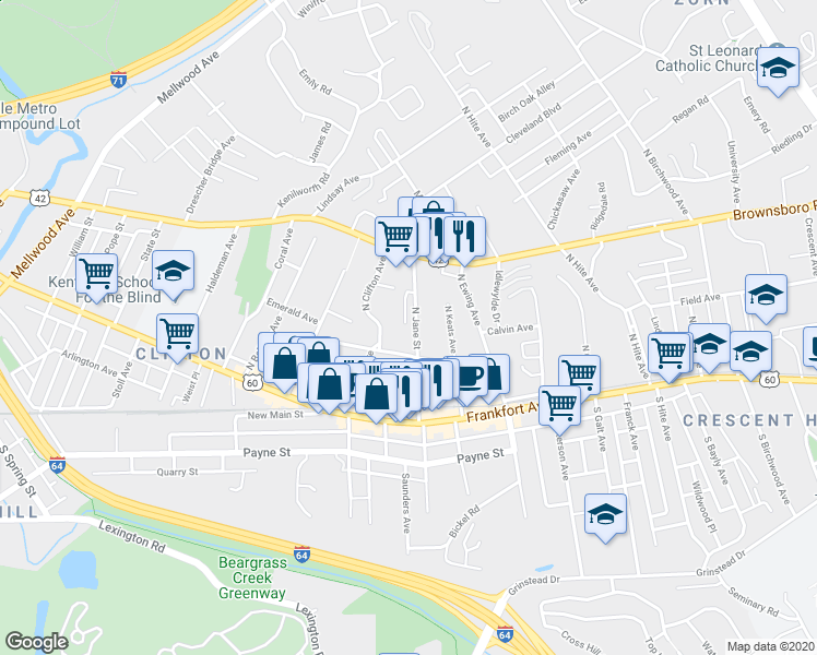 map of restaurants, bars, coffee shops, grocery stores, and more near 148 North Jane Street in Louisville