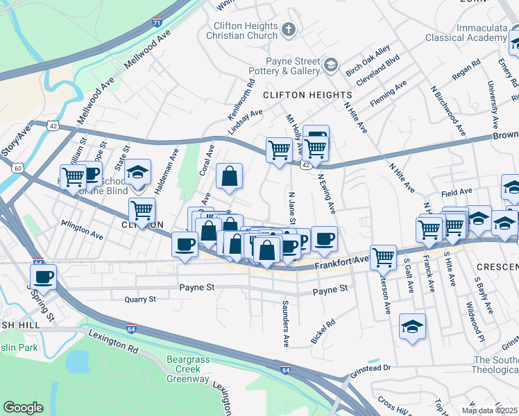 map of restaurants, bars, coffee shops, grocery stores, and more near 2141 Sycamore Avenue in Louisville