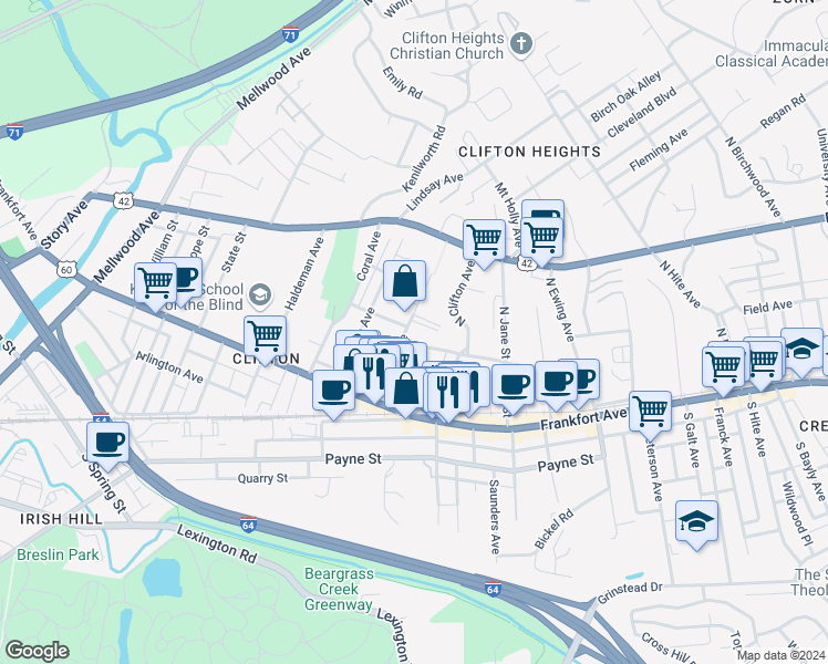 map of restaurants, bars, coffee shops, grocery stores, and more near 147 Vernon Avenue in Louisville