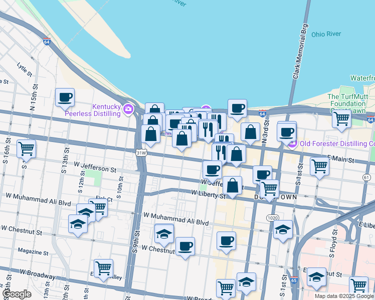 map of restaurants, bars, coffee shops, grocery stores, and more near 625 West Market Street in Louisville
