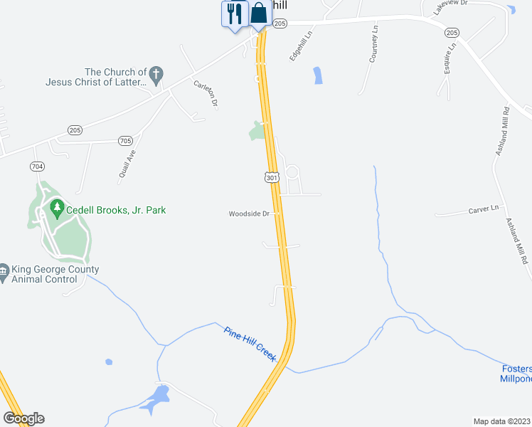 map of restaurants, bars, coffee shops, grocery stores, and more near 11470 Woodside Drive in King George