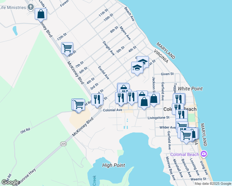 map of restaurants, bars, coffee shops, grocery stores, and more near 500 Euclid Avenue in Colonial Beach