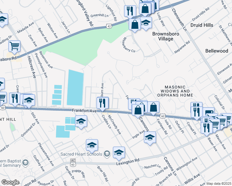 map of restaurants, bars, coffee shops, grocery stores, and more near 134 North Crestmoor Avenue in Louisville