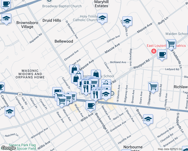 map of restaurants, bars, coffee shops, grocery stores, and more near 3934 Kennison Avenue in Louisville