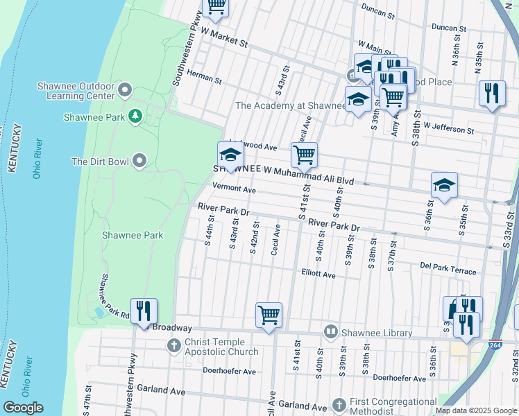 map of restaurants, bars, coffee shops, grocery stores, and more near 4132 River Park Drive in Louisville