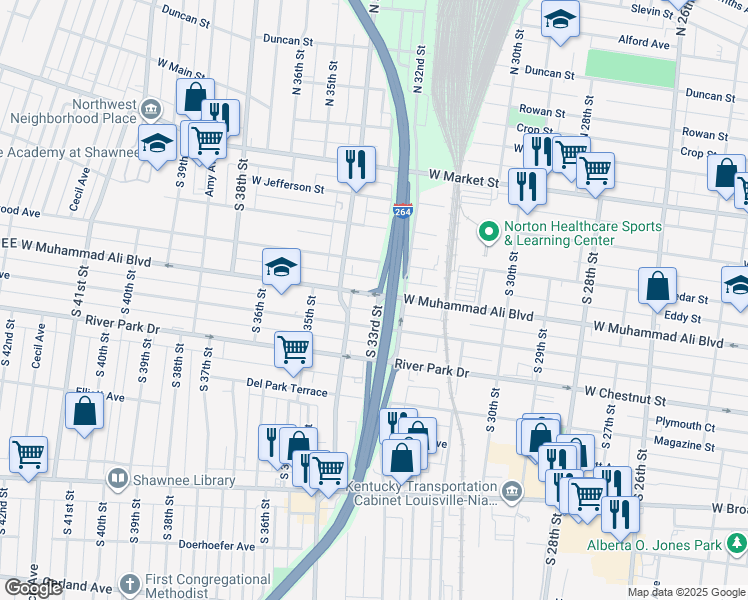 map of restaurants, bars, coffee shops, grocery stores, and more near 3224 West Muhammad Ali Boulevard in Louisville