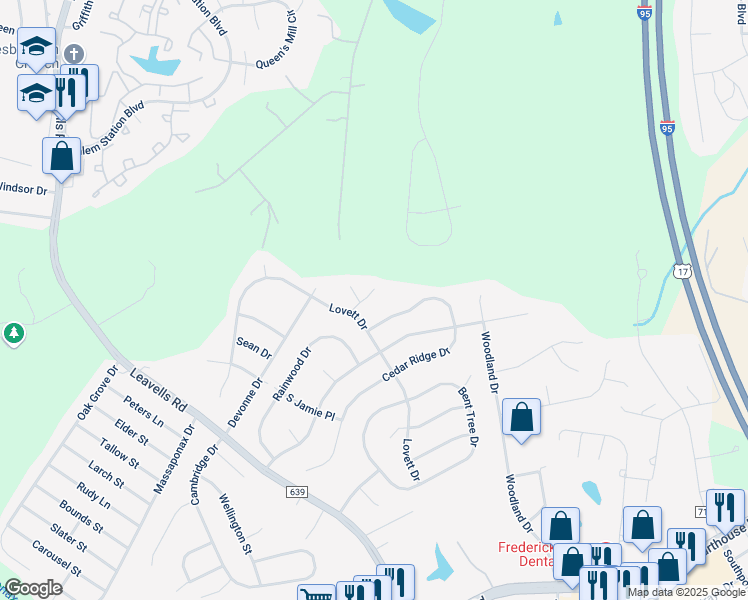 map of restaurants, bars, coffee shops, grocery stores, and more near 5312 Cowger Court in Fredericksburg
