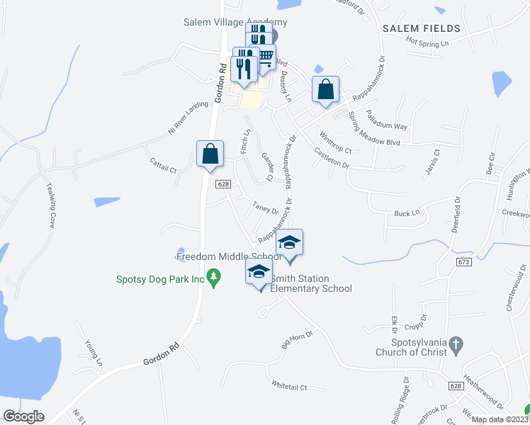 map of restaurants, bars, coffee shops, grocery stores, and more near 7200 Alpha Court in Fredericksburg
