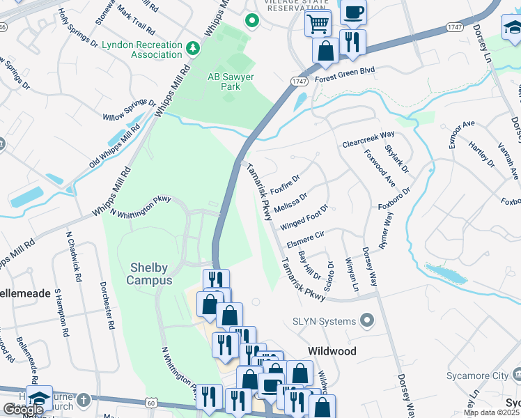 map of restaurants, bars, coffee shops, grocery stores, and more near 9418 Tamarisk Parkway in Louisville