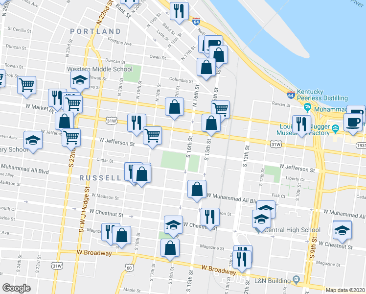 map of restaurants, bars, coffee shops, grocery stores, and more near 1609 West Jefferson Street in Louisville