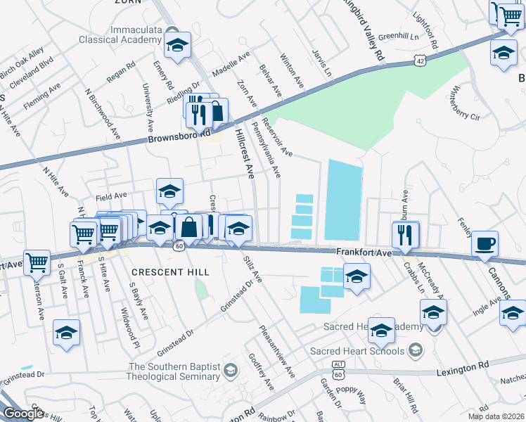 map of restaurants, bars, coffee shops, grocery stores, and more near 127 Hillcrest Avenue in Louisville