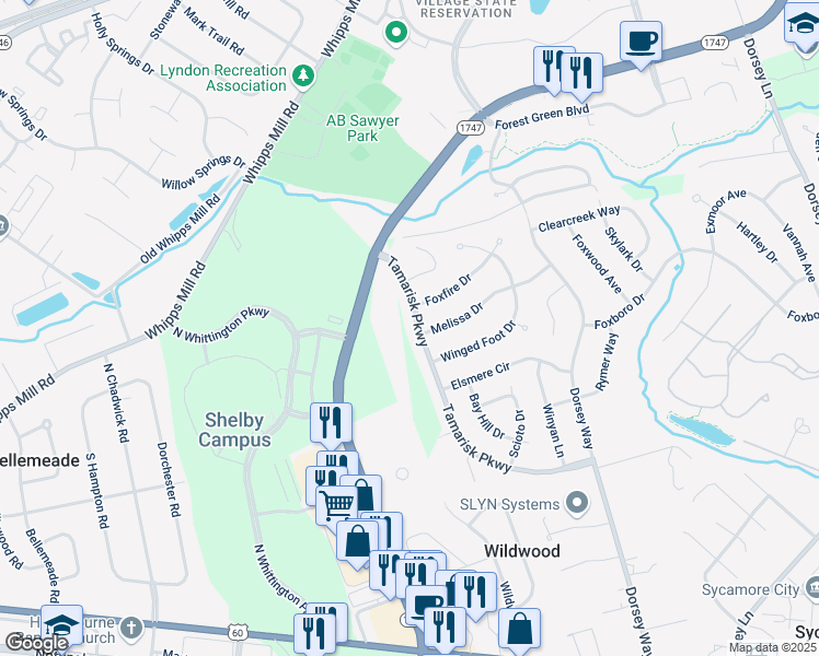 map of restaurants, bars, coffee shops, grocery stores, and more near 9418 Tamarisk Parkway in Louisville