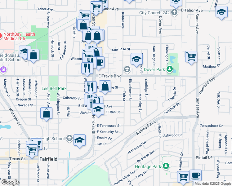 map of restaurants, bars, coffee shops, grocery stores, and more near 372 Hopkins Drive in Fairfield