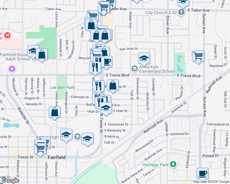 map of restaurants, bars, coffee shops, grocery stores, and more near 318 Hopkins Drive in Fairfield