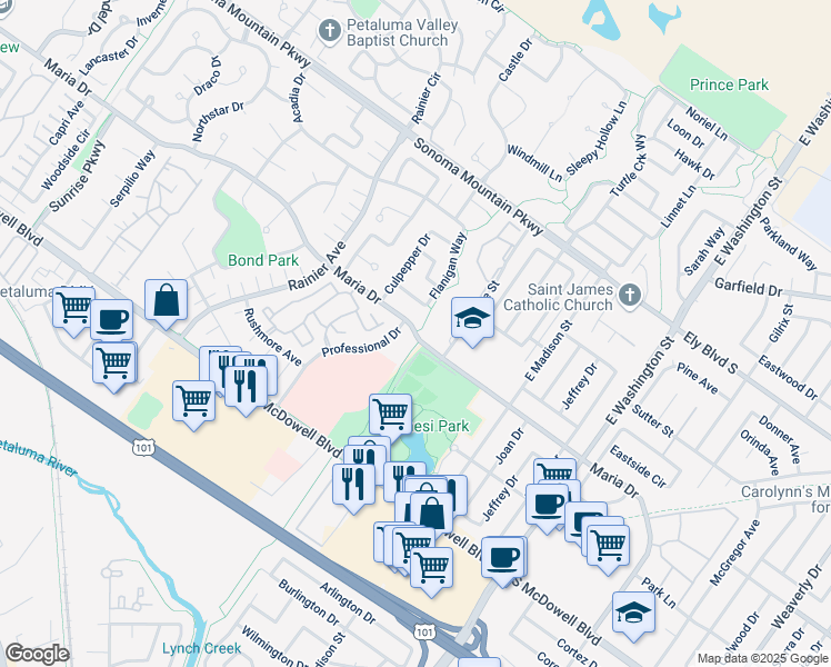 map of restaurants, bars, coffee shops, grocery stores, and more near 389 Maria Drive in Petaluma