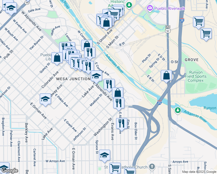 map of restaurants, bars, coffee shops, grocery stores, and more near 504 East Abriendo Avenue in Pueblo