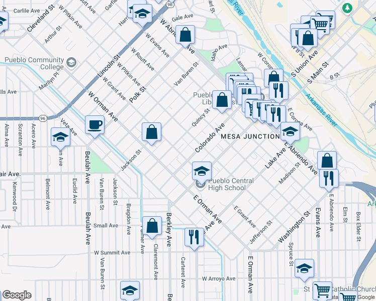 map of restaurants, bars, coffee shops, grocery stores, and more near 101 West Grant Avenue in Pueblo