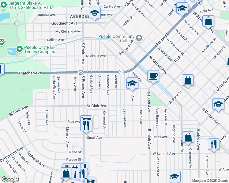 map of restaurants, bars, coffee shops, grocery stores, and more near 618 Scranton Avenue in Pueblo