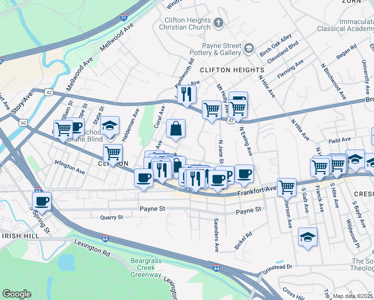 map of restaurants, bars, coffee shops, grocery stores, and more near 147 Vernon Avenue in Louisville