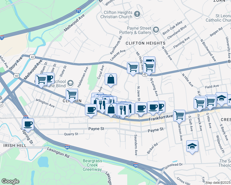 map of restaurants, bars, coffee shops, grocery stores, and more near 147 Vernon Avenue in Louisville