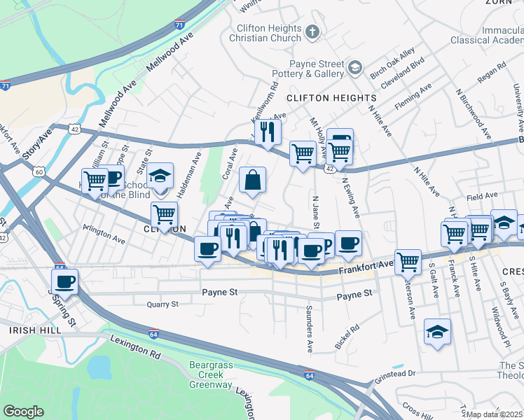 map of restaurants, bars, coffee shops, grocery stores, and more near 147 Vernon Avenue in Louisville