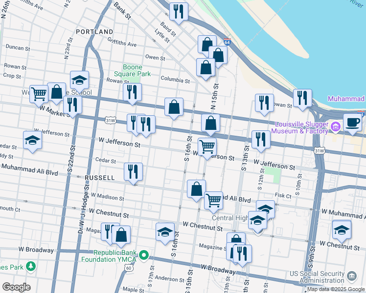 map of restaurants, bars, coffee shops, grocery stores, and more near 1625 West Jefferson Street in Louisville
