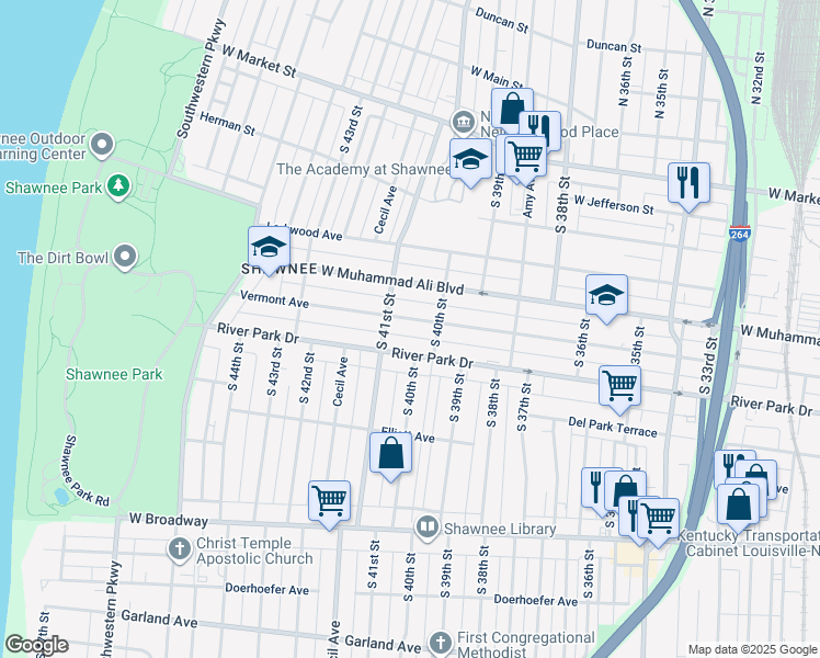 map of restaurants, bars, coffee shops, grocery stores, and more near 4019 River Park Drive in Louisville