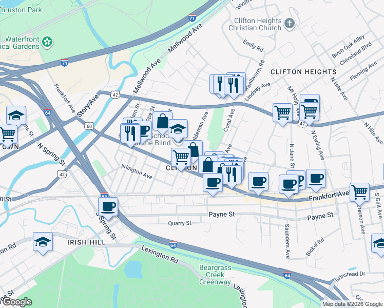 map of restaurants, bars, coffee shops, grocery stores, and more near 118 Coral Avenue in Louisville