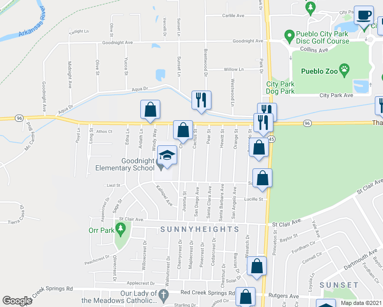 map of restaurants, bars, coffee shops, grocery stores, and more near 545 Cactus Street in Pueblo