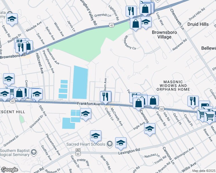 map of restaurants, bars, coffee shops, grocery stores, and more near 131 Blackburn Avenue in Louisville