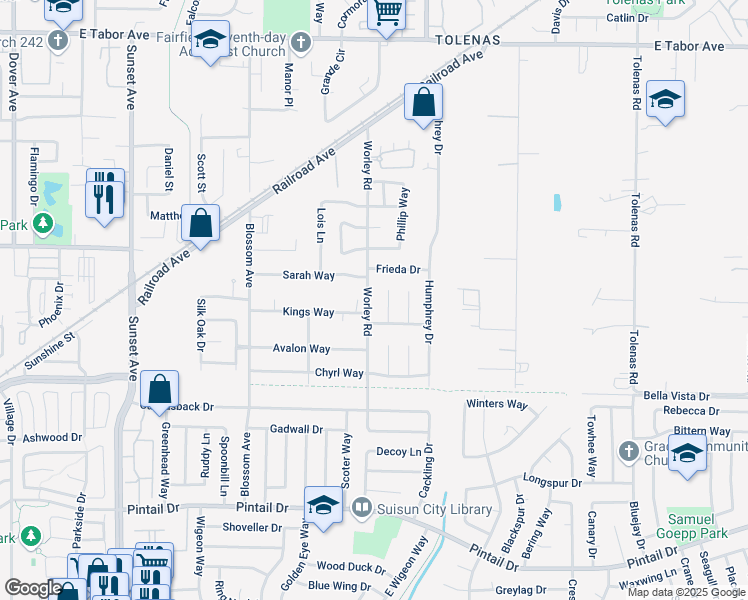 map of restaurants, bars, coffee shops, grocery stores, and more near 509 Kings Way in Suisun City