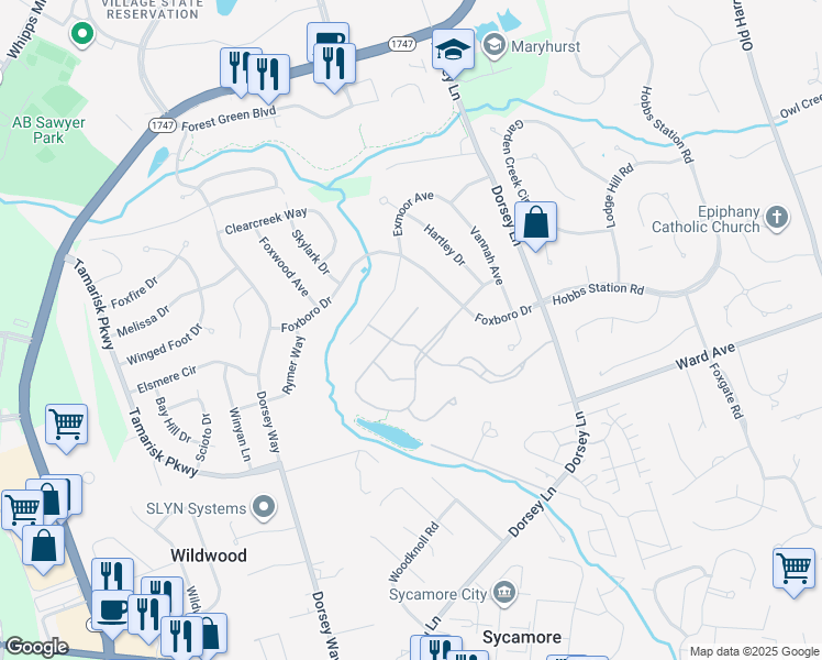 map of restaurants, bars, coffee shops, grocery stores, and more near 10303 Sterling Springs Road in Louisville