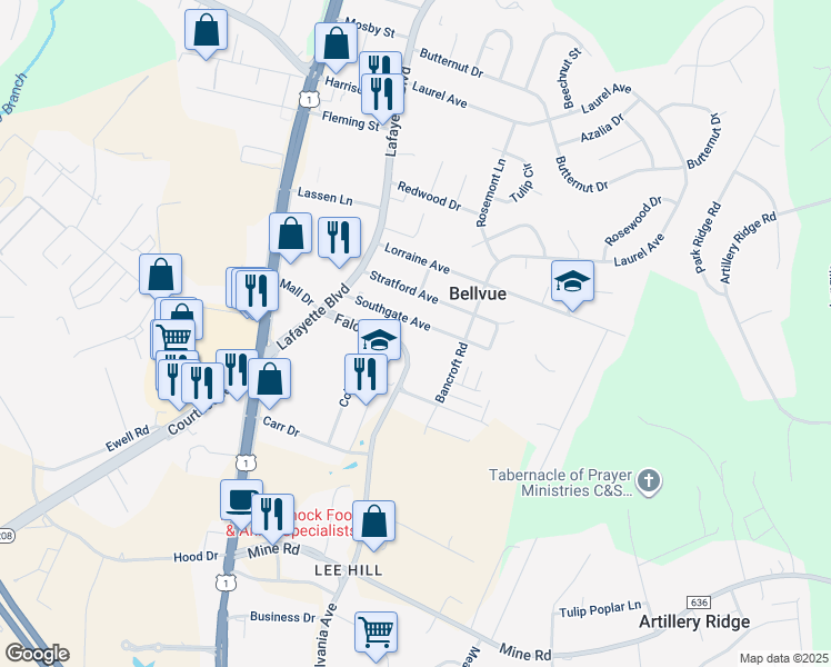 map of restaurants, bars, coffee shops, grocery stores, and more near 120 Southgate Avenue in Fredericksburg