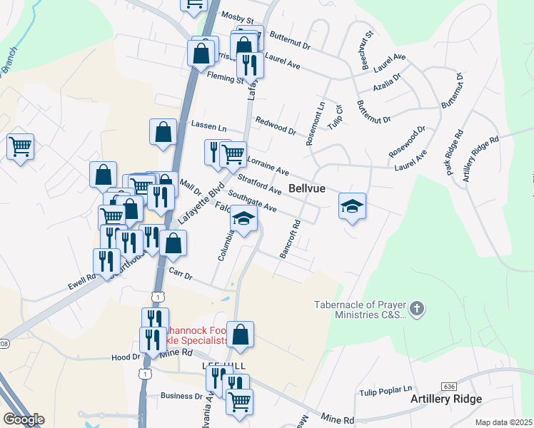 map of restaurants, bars, coffee shops, grocery stores, and more near 120 Southgate Avenue in Fredericksburg