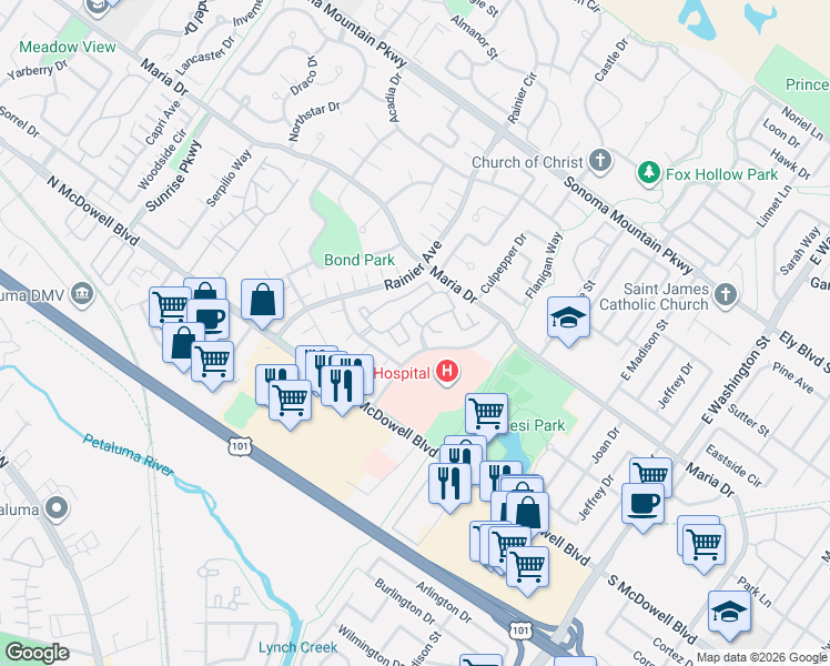 map of restaurants, bars, coffee shops, grocery stores, and more near 6 Park Place Drive in Petaluma