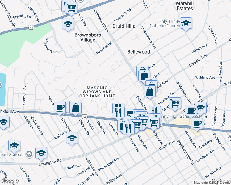 map of restaurants, bars, coffee shops, grocery stores, and more near 180 Masonic Home Drive in Louisville