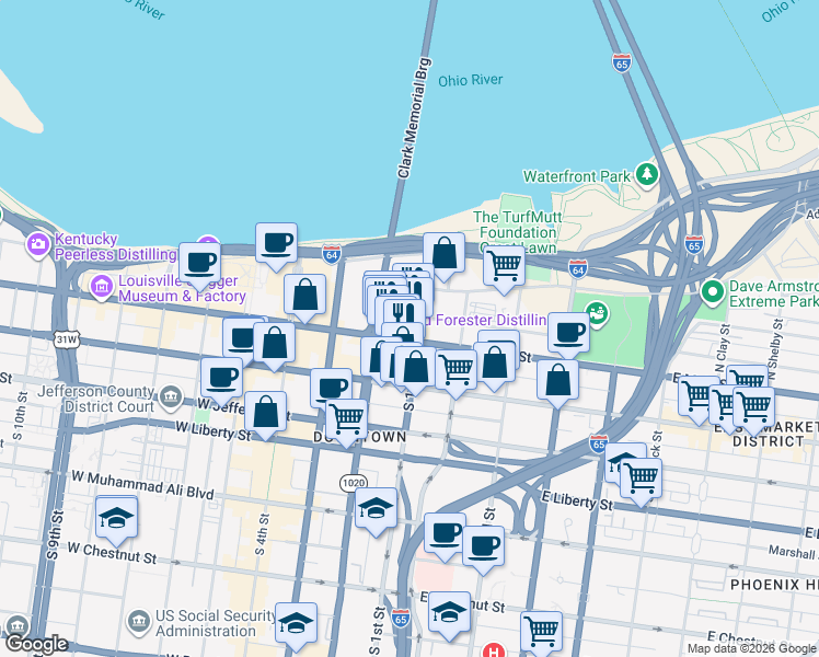 map of restaurants, bars, coffee shops, grocery stores, and more near 101 West Main Street in Louisville
