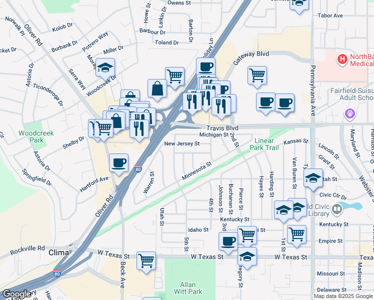 map of restaurants, bars, coffee shops, grocery stores, and more near 1712 New Hampshire Street in Fairfield