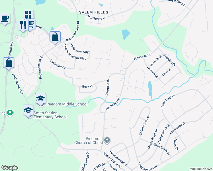 map of restaurants, bars, coffee shops, grocery stores, and more near 10920 Deerfield Drive in Fredericksburg