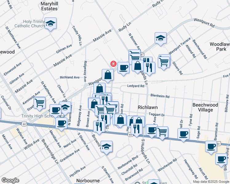 map of restaurants, bars, coffee shops, grocery stores, and more near 165 Thierman Lane in Saint Matthews